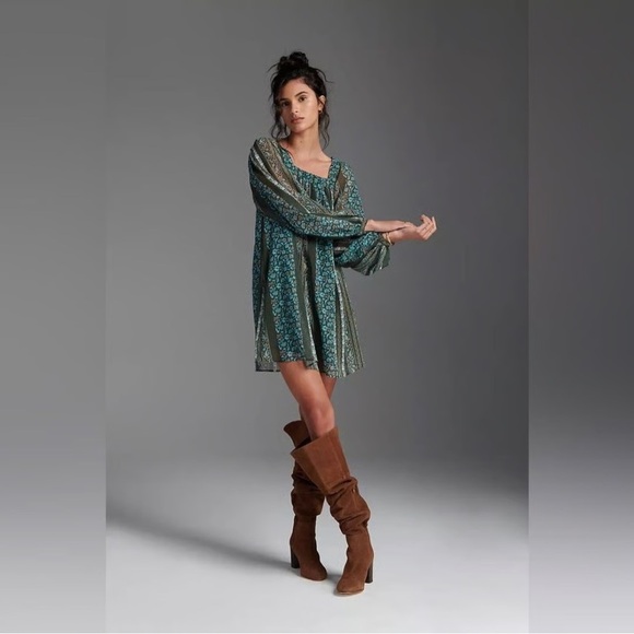 Anthropologie Sona Blue Motif Paisley Square Neck Tunic Dress Size Medium - Picture 3 of 7